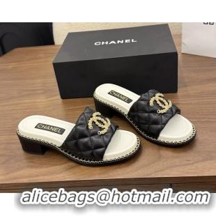 Duplicate Chanel Pearl Chain CC logo Heeled Slides Sandals Black Quilted Leather 6051320