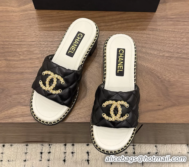 Duplicate Chanel Pearl Chain CC logo Heeled Slides Sandals Black Quilted Leather 6051320