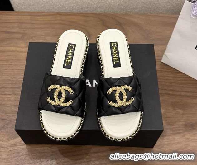Duplicate Chanel Pearl Chain CC logo Heeled Slides Sandals Black Quilted Leather 6051320