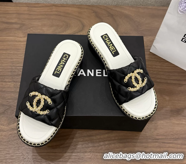 Duplicate Chanel Pearl Chain CC logo Heeled Slides Sandals Black Quilted Leather 6051320