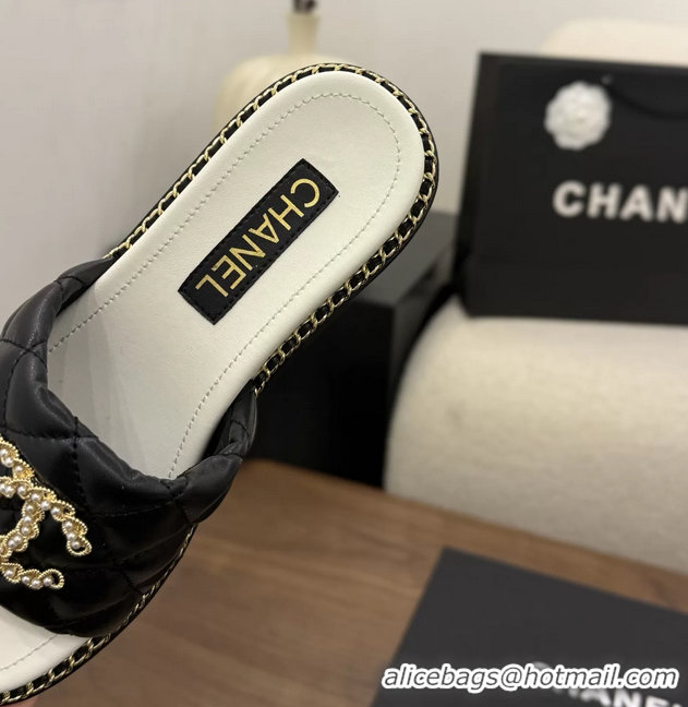 Duplicate Chanel Pearl Chain CC logo Heeled Slides Sandals Black Quilted Leather 6051320