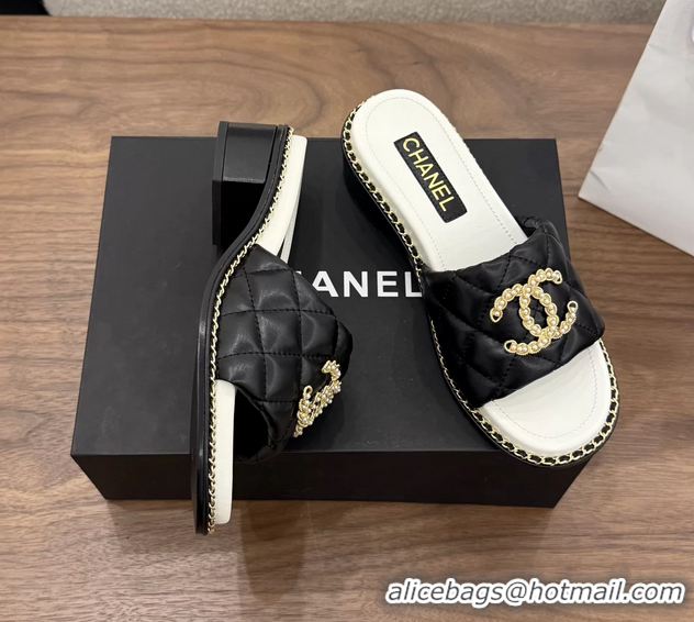Duplicate Chanel Pearl Chain CC logo Heeled Slides Sandals Black Quilted Leather 6051320