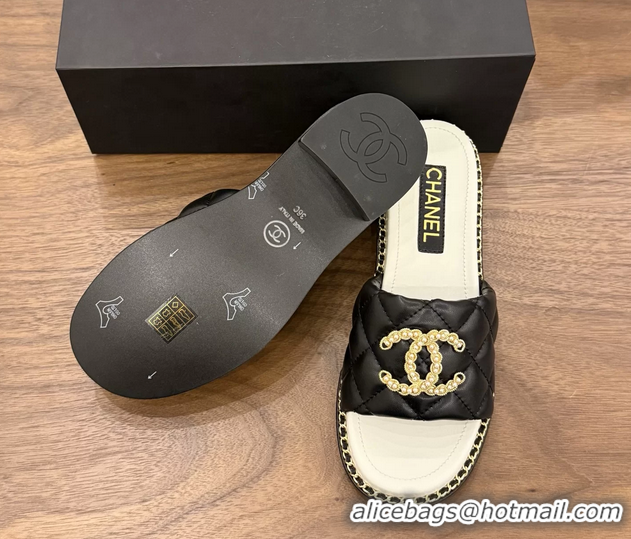 Duplicate Chanel Pearl Chain CC logo Heeled Slides Sandals Black Quilted Leather 6051320
