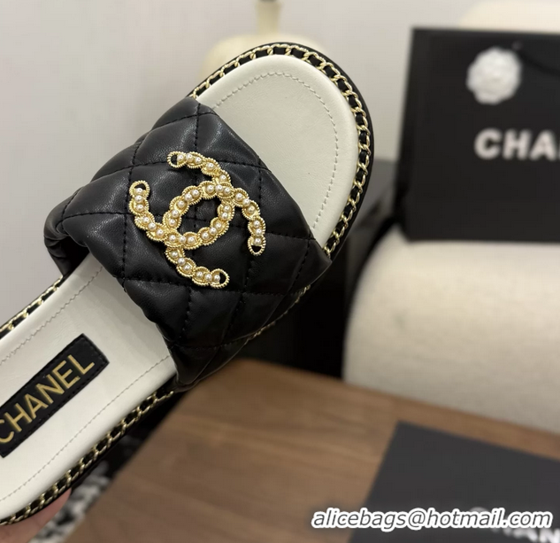 Duplicate Chanel Pearl Chain CC logo Heeled Slides Sandals Black Quilted Leather 6051320