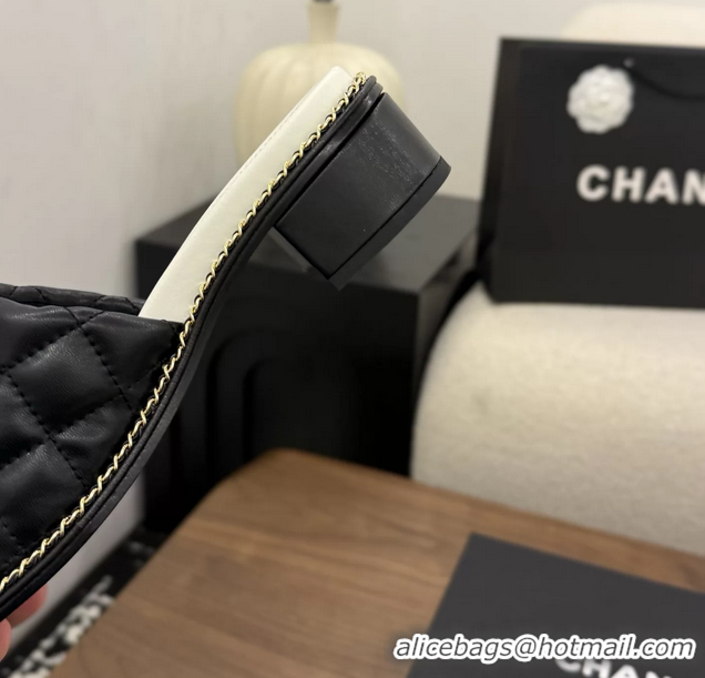 Duplicate Chanel Pearl Chain CC logo Heeled Slides Sandals Black Quilted Leather 6051320