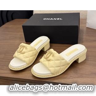 Grade Chanel Pearl Chain CC logo Heeled Slides Sandals Beige Quilted Leather 6051320