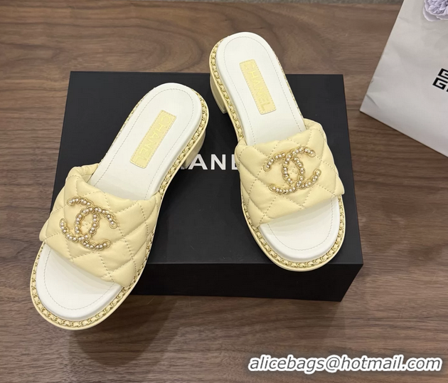 Grade Chanel Pearl Chain CC logo Heeled Slides Sandals Beige Quilted Leather 6051320