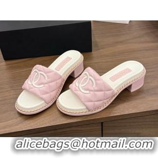 Original Cheap Chanel CC logo Heeled Slides Sandals with Chain Pink Quilted Leather 6051320