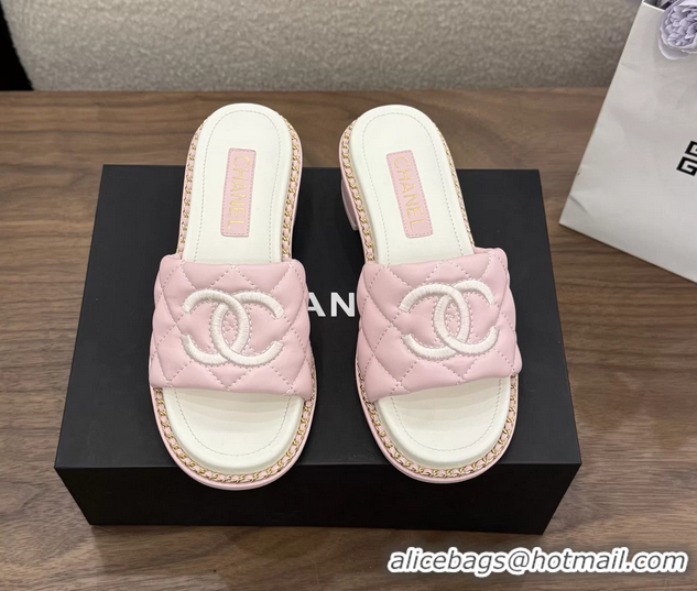 Original Cheap Chanel CC logo Heeled Slides Sandals with Chain Pink Quilted Leather 6051320