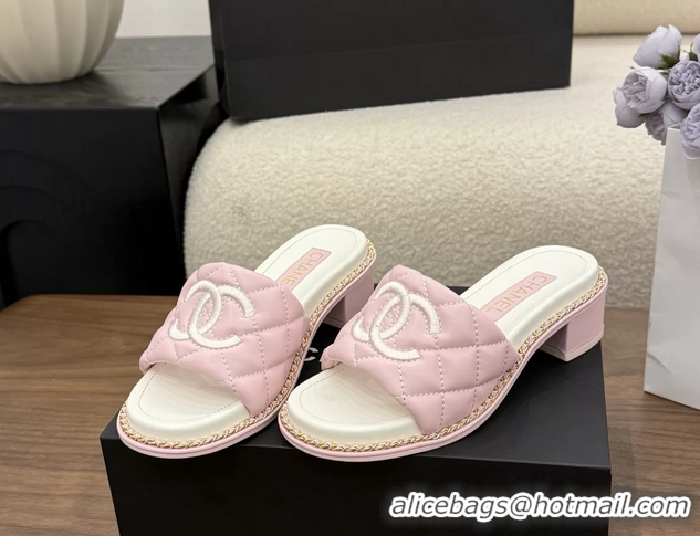 Original Cheap Chanel CC logo Heeled Slides Sandals with Chain Pink Quilted Leather 6051320