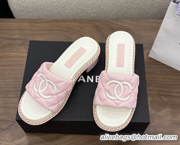 Original Cheap Chanel CC logo Heeled Slides Sandals with Chain Pink Quilted Leather 6051320