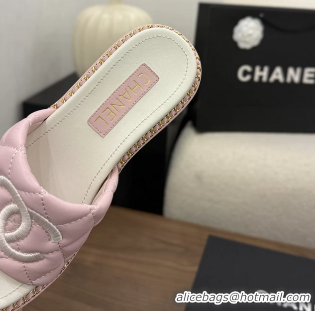 Original Cheap Chanel CC logo Heeled Slides Sandals with Chain Pink Quilted Leather 6051320
