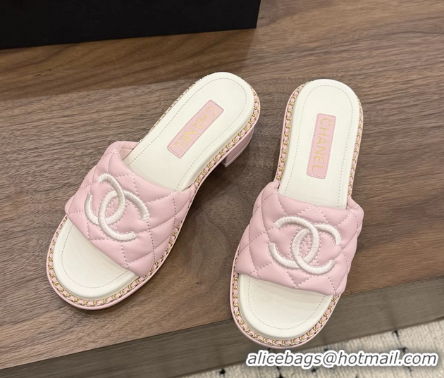 Original Cheap Chanel CC logo Heeled Slides Sandals with Chain Pink Quilted Leather 6051320