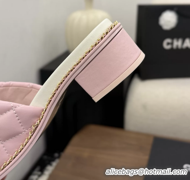 Original Cheap Chanel CC logo Heeled Slides Sandals with Chain Pink Quilted Leather 6051320