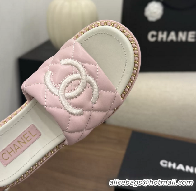 Original Cheap Chanel CC logo Heeled Slides Sandals with Chain Pink Quilted Leather 6051320