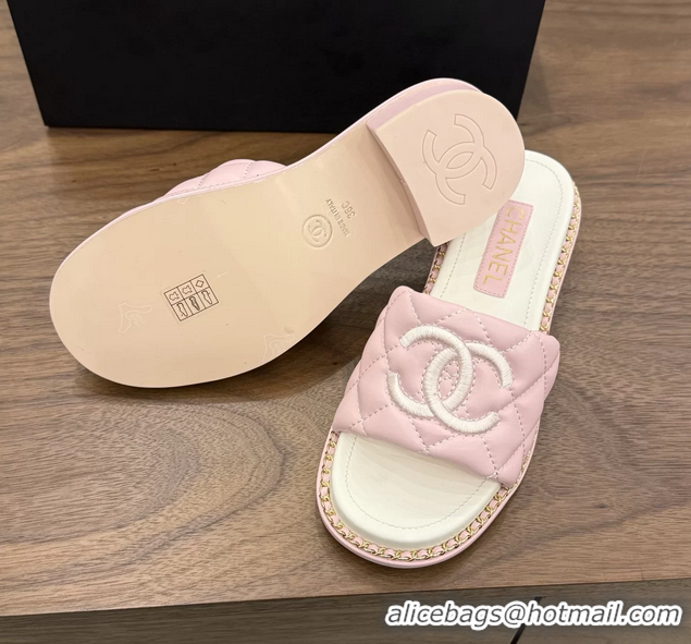 Original Cheap Chanel CC logo Heeled Slides Sandals with Chain Pink Quilted Leather 6051320
