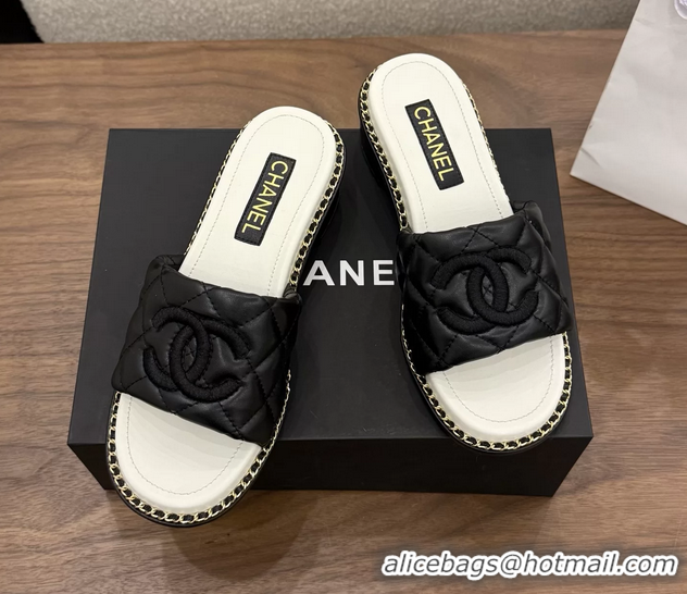 Discount Chanel CC logo Heeled Slides Sandals with Chain Black Quilted Leather 6051320