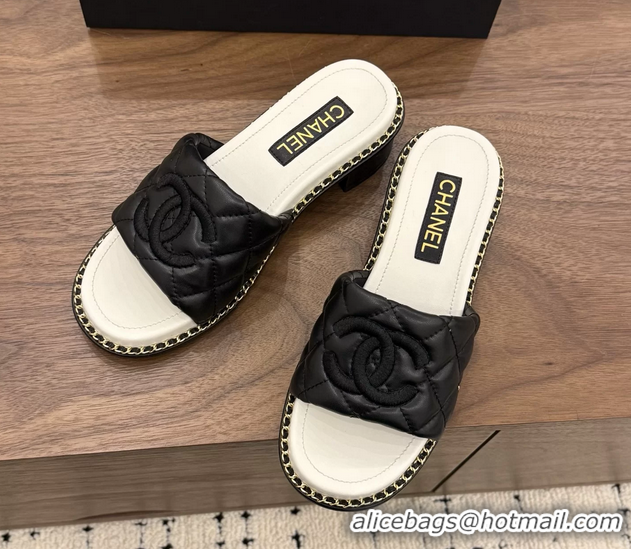 Discount Chanel CC logo Heeled Slides Sandals with Chain Black Quilted Leather 6051320