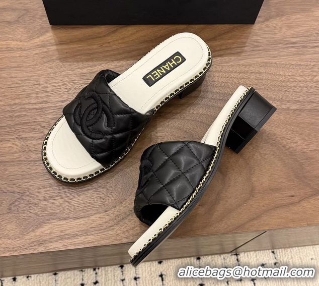 Discount Chanel CC logo Heeled Slides Sandals with Chain Black Quilted Leather 6051320