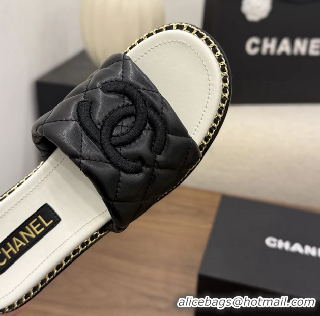 Discount Chanel CC logo Heeled Slides Sandals with Chain Black Quilted Leather 6051320
