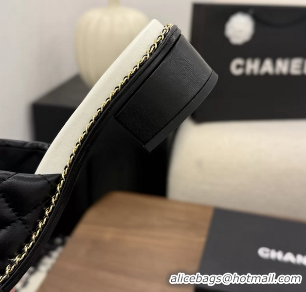 Discount Chanel CC logo Heeled Slides Sandals with Chain Black Quilted Leather 6051320
