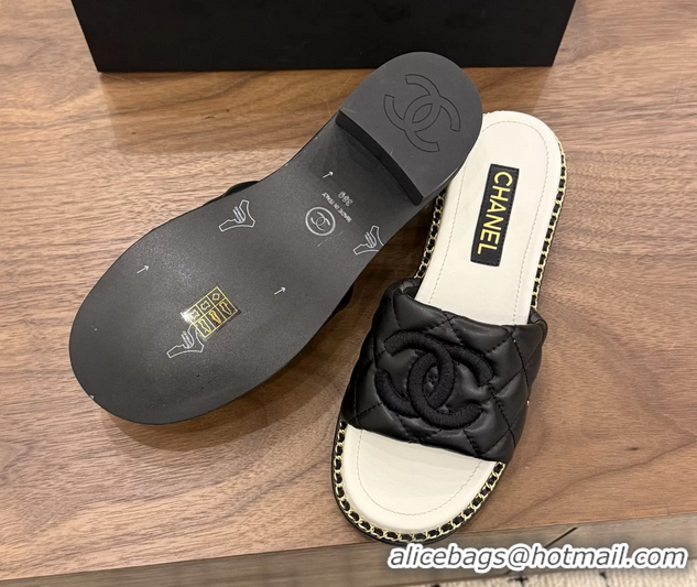 Discount Chanel CC logo Heeled Slides Sandals with Chain Black Quilted Leather 6051320