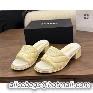 Duplicate Chanel CC logo Heeled Slides Sandals with Chain Beige Quilted Leather 6051320