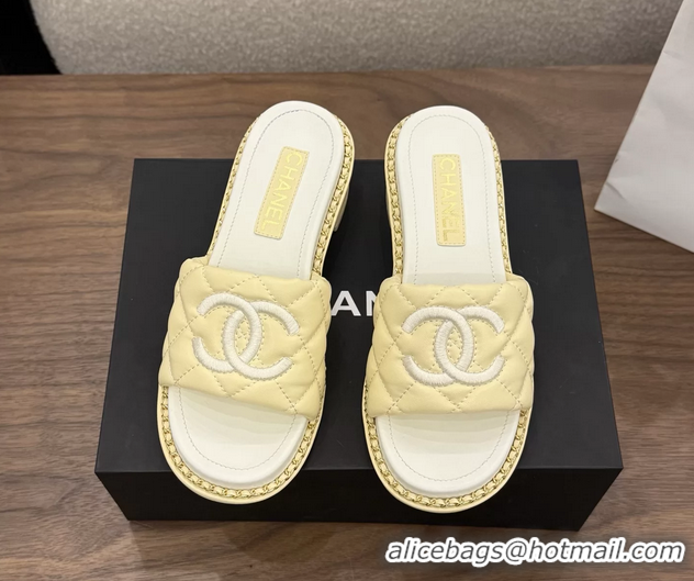 Duplicate Chanel CC logo Heeled Slides Sandals with Chain Beige Quilted Leather 6051320