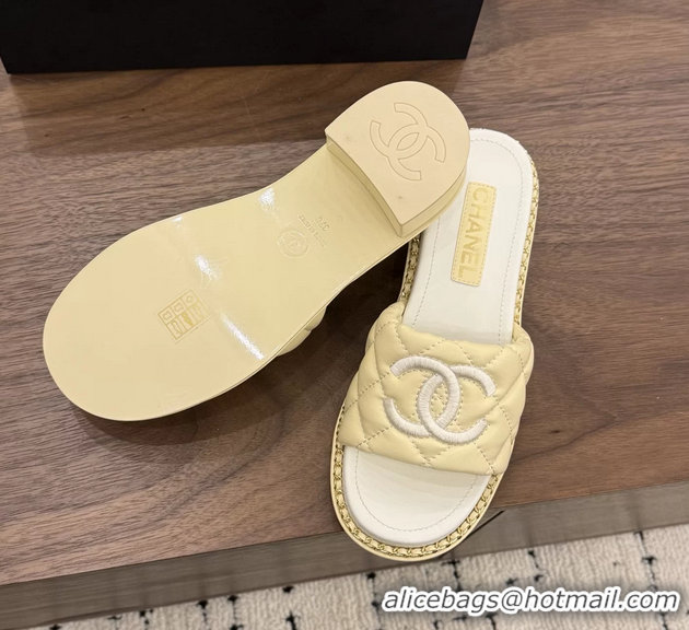 Duplicate Chanel CC logo Heeled Slides Sandals with Chain Beige Quilted Leather 6051320