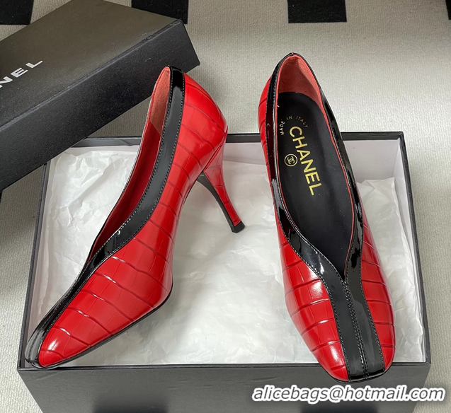 Original Cheap Chanel Spring Summer 2026 Pumps Red Black Crocodile Embossed Calfskin Leather 85MM 6051321