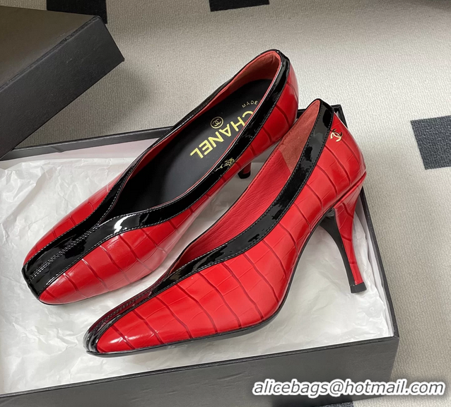 Original Cheap Chanel Spring Summer 2026 Pumps Red Black Crocodile Embossed Calfskin Leather 85MM 6051321