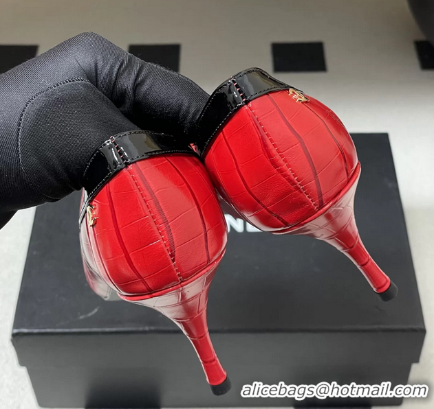 Original Cheap Chanel Spring Summer 2026 Pumps Red Black Crocodile Embossed Calfskin Leather 85MM 6051321