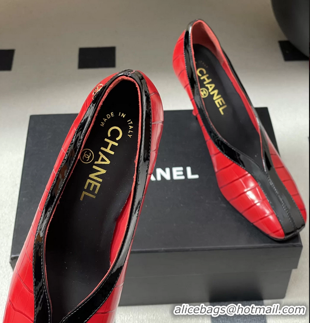 Original Cheap Chanel Spring Summer 2026 Pumps Red Black Crocodile Embossed Calfskin Leather 85MM 6051321
