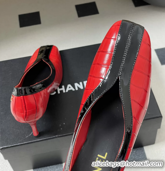 Original Cheap Chanel Spring Summer 2026 Pumps Red Black Crocodile Embossed Calfskin Leather 85MM 6051321
