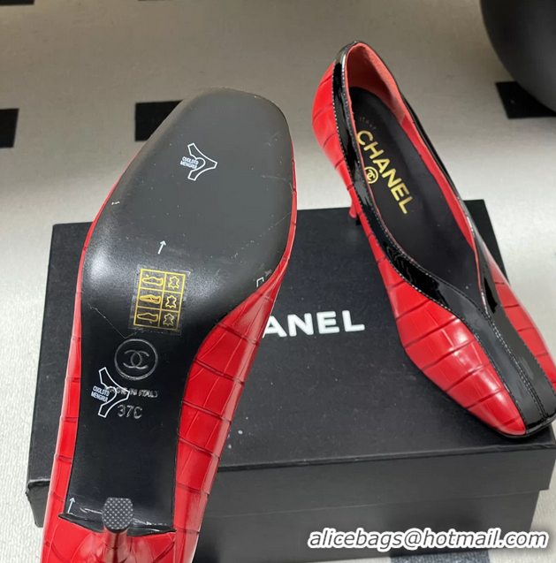 Original Cheap Chanel Spring Summer 2026 Pumps Red Black Crocodile Embossed Calfskin Leather 85MM 6051321
