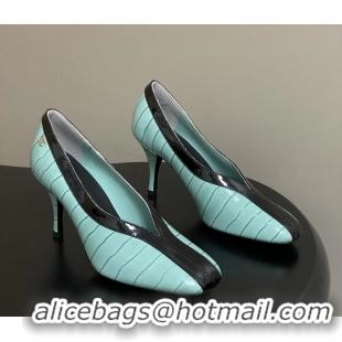 Reasonable Price Chanel Spring Summer 2026 Pumps Light Blue Black Crocodile Embossed Calfskin Leather 85MM 6051321