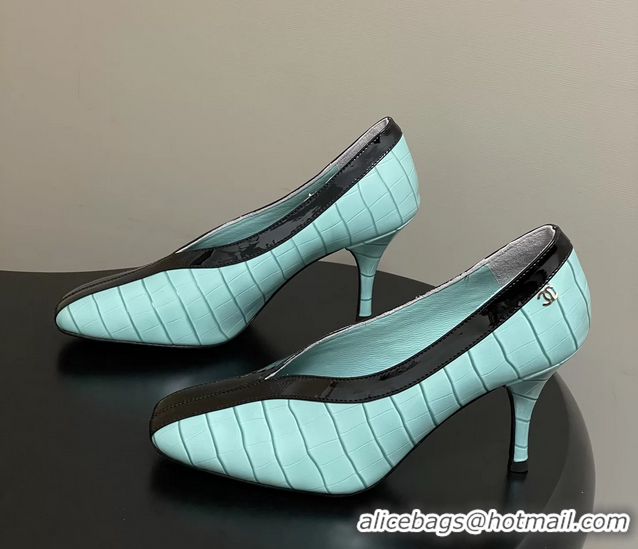Reasonable Price Chanel Spring Summer 2026 Pumps Light Blue Black Crocodile Embossed Calfskin Leather 85MM 6051321