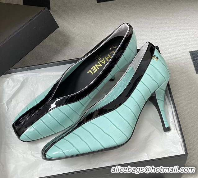 Reasonable Price Chanel Spring Summer 2026 Pumps Light Blue Black Crocodile Embossed Calfskin Leather 85MM 6051321