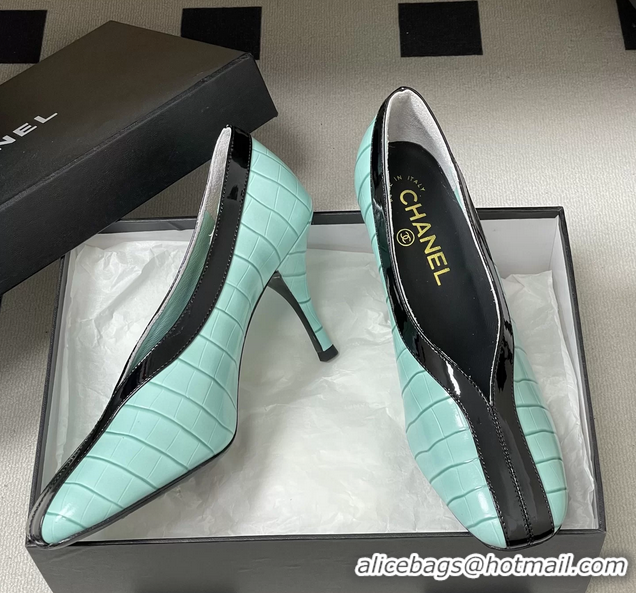 Reasonable Price Chanel Spring Summer 2026 Pumps Light Blue Black Crocodile Embossed Calfskin Leather 85MM 6051321