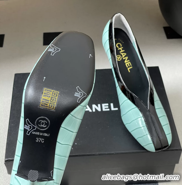 Reasonable Price Chanel Spring Summer 2026 Pumps Light Blue Black Crocodile Embossed Calfskin Leather 85MM 6051321