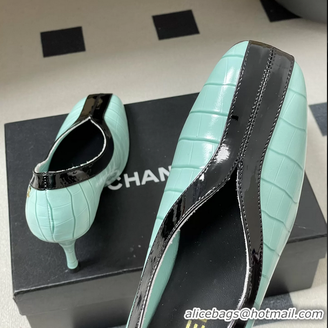 Reasonable Price Chanel Spring Summer 2026 Pumps Light Blue Black Crocodile Embossed Calfskin Leather 85MM 6051321