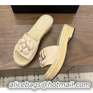 Best Price Chanel Light Pink Camellia Flower Leather Espadrille Platform Slides Sandals 6051321