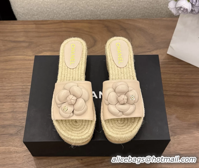 Best Price Chanel Light Pink Camellia Flower Leather Espadrille Platform Slides Sandals 6051321