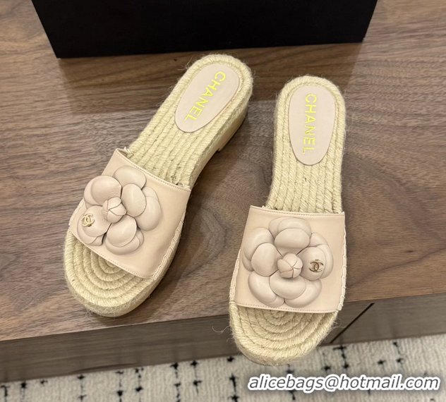 Best Price Chanel Light Pink Camellia Flower Leather Espadrille Platform Slides Sandals 6051321