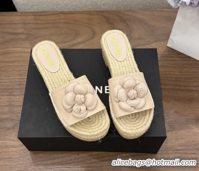 Best Price Chanel Light Pink Camellia Flower Leather Espadrille Platform Slides Sandals 6051321