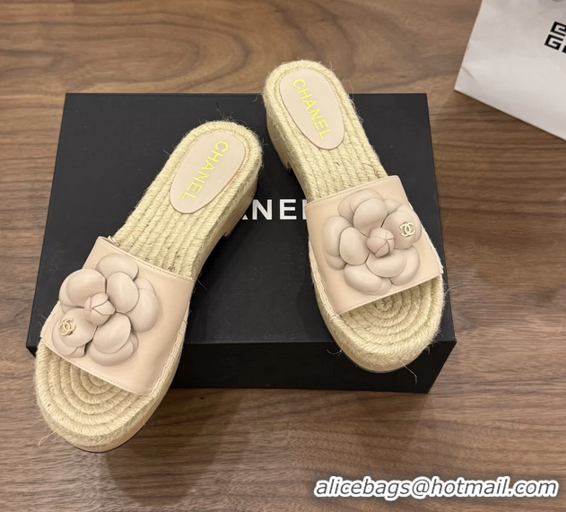 Best Price Chanel Light Pink Camellia Flower Leather Espadrille Platform Slides Sandals 6051321