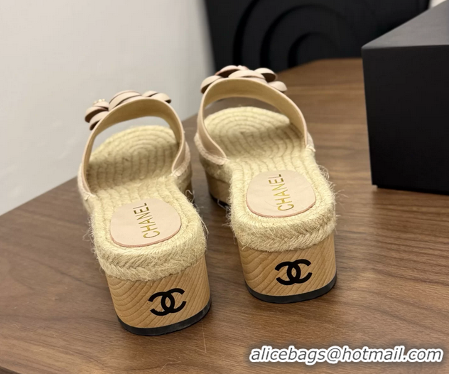 Best Price Chanel Light Pink Camellia Flower Leather Espadrille Platform Slides Sandals 6051321
