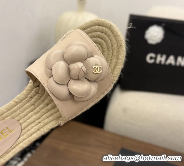 Best Price Chanel Light Pink Camellia Flower Leather Espadrille Platform Slides Sandals 6051321