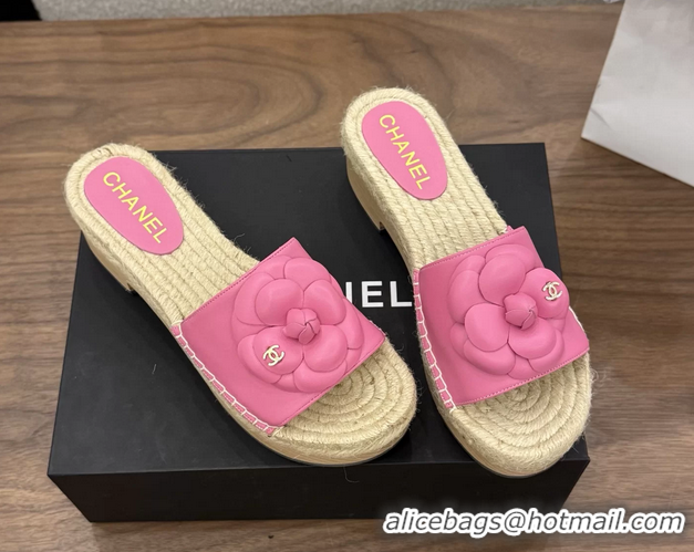 Best Price Chanel Light Pink Camellia Flower Leather Espadrille Platform Slides Sandals 6051321
