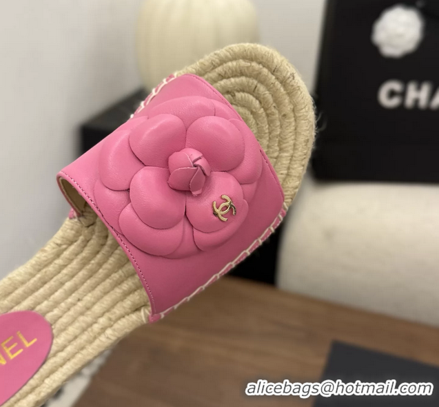 Best Price Chanel Light Pink Camellia Flower Leather Espadrille Platform Slides Sandals 6051321